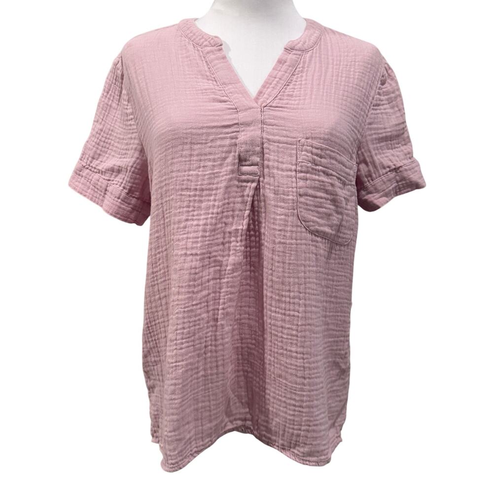 J.Crew Baby Pink Gauze Cotton Top Short Sleeve Pocket Blouse Small Beach Coastal